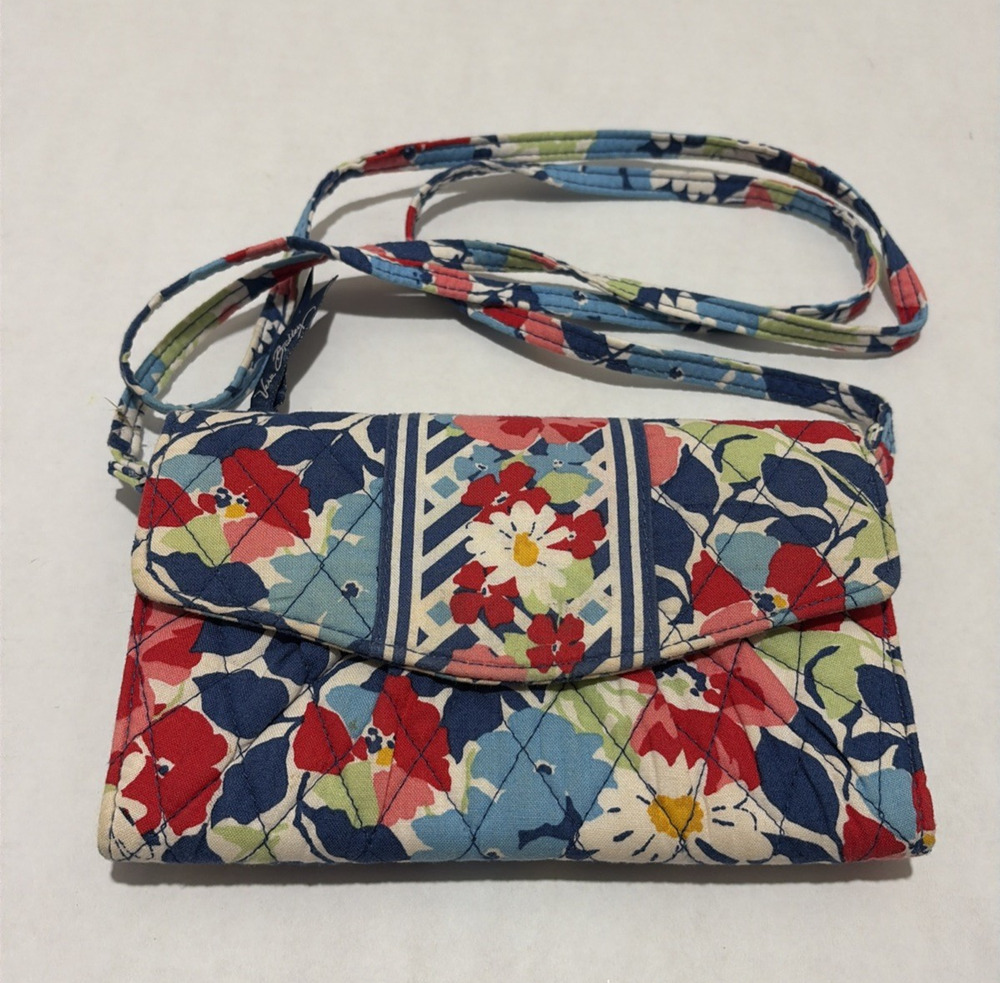 Vera Bradley Womens Trifold Crossbody Wallet Removable Strap Blue Red Flowers